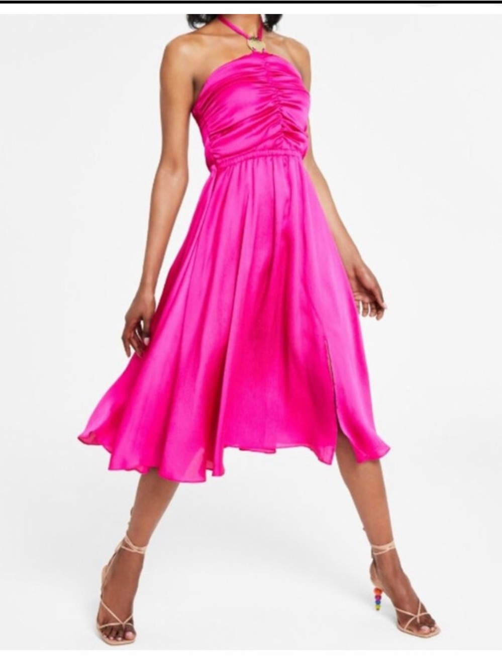 I.N.C Halter Ruched Midi Dress in Hot Pink